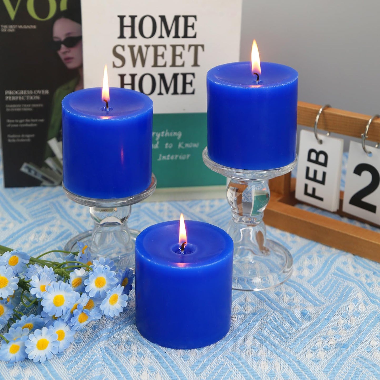 3 Pack Unscented Royal Blue Pillar Candles, 40 Hour 3x3 Inch Dripless Tapered Fat Column Cylinder Candles for Valentine's Day Home Party Holidays