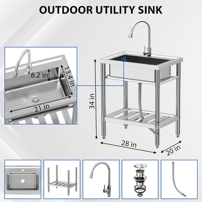 ExploreHorizon 28"x20"x34" Stainless Steel Utility Sink, Freestanding Single Bowl with Hot & Cold Water Faucet, Commercial Kitchen Laundry Bathroom Garage Garden Sink
