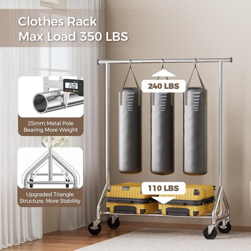 HYSEYY Rolling Clothes Rack - Sturdy Metal Garment Rack with Wheels | 350 LBS Capacity, Silver, Large