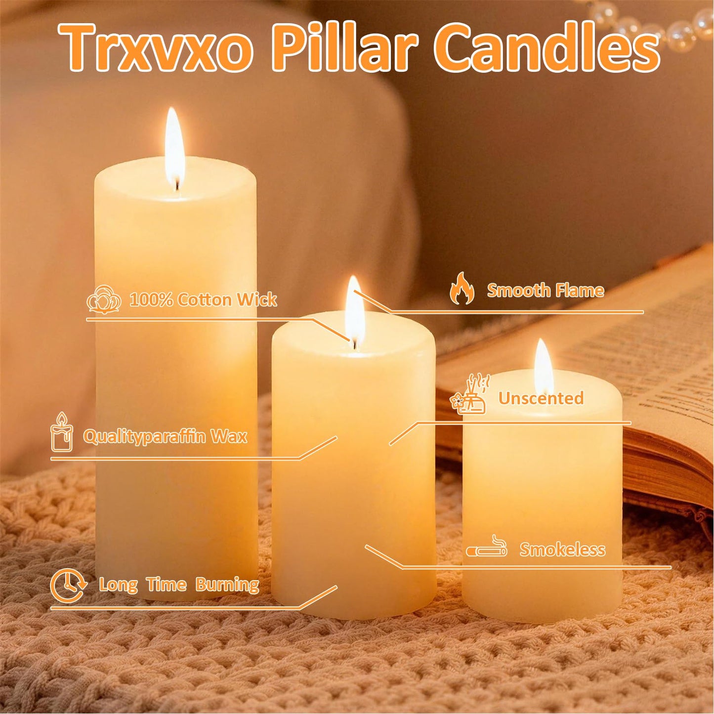 Trxvxo Ivory Pillar Candles, 6-Pack Bulk Set in 3 Sizes (3, 6 & 8 Inch - 2 Each). Dripless, Unscented & Smokeless Hurricane Candles for Weddings, Parties & Home Decor.