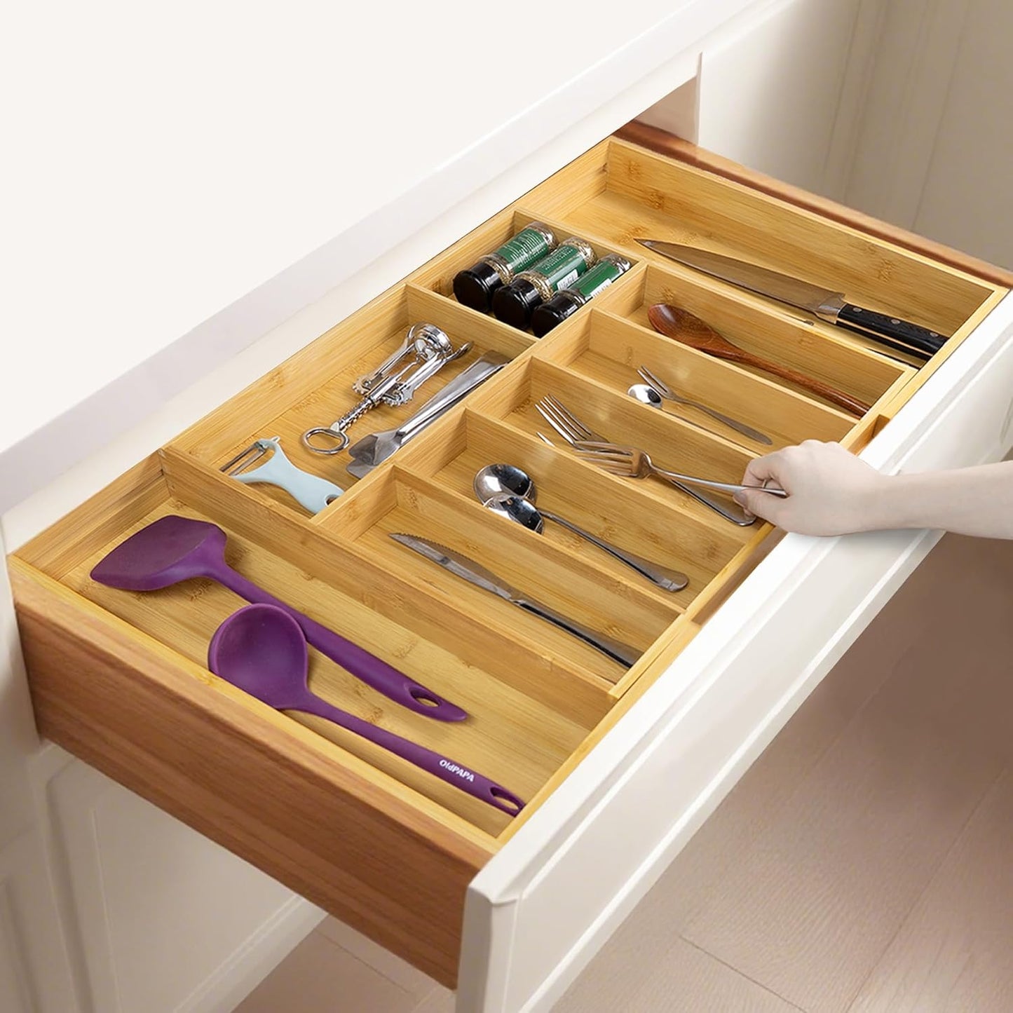 Utoplike Extra Large Bamboo Drawer Organizer - Expandable Utensil Holder with 7-9 Slots