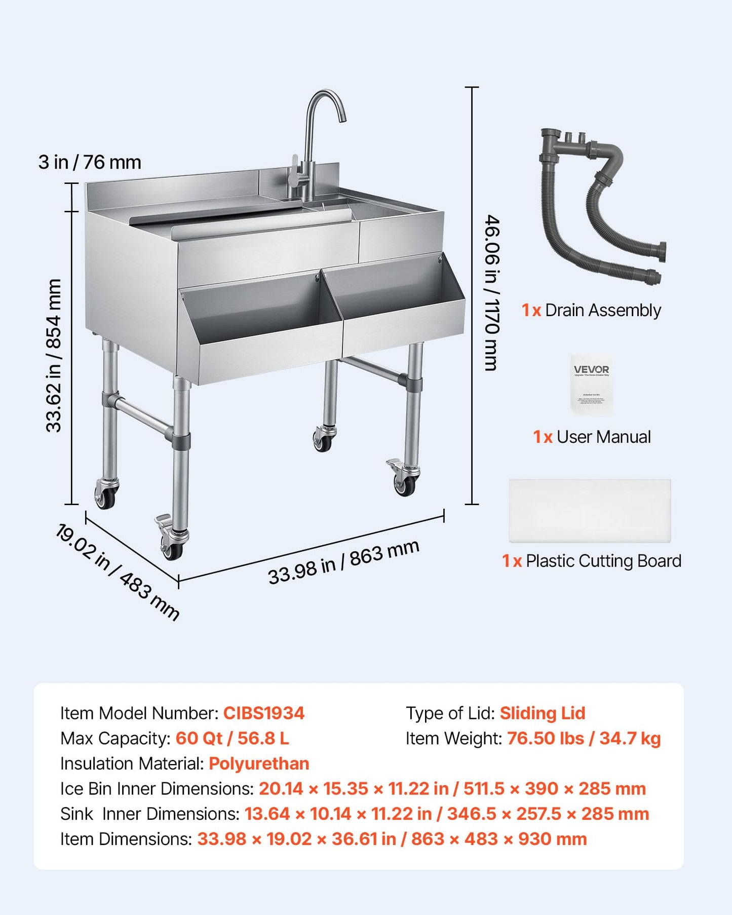 VEVOR Commercial Ice Bin with Sink & Faucet, 60 Qt Max Capacity, 24 x 19 x 35 Inch Stainless Steel Ice Chest with Sliding Lid and Bottle Holders, Cooler Cart Cocktail Unit for Bar Restaurant Pub