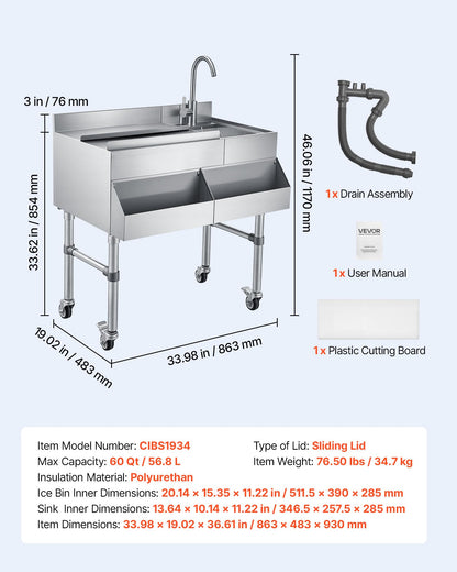VEVOR Commercial Ice Bin with Sink & Faucet, 60 Qt Max Capacity, 24 x 19 x 35 Inch Stainless Steel Ice Chest with Sliding Lid and Bottle Holders, Cooler Cart Cocktail Unit for Bar Restaurant Pub