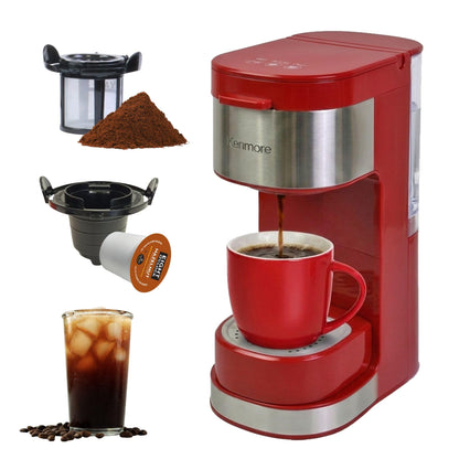 Kenmore Single Serve Coffee Maker – 6–12 Oz Brew Sizes, Compatible with Keurig K‑Cup Pods & Ground Coffee, One Cup Brewer, Travel Mug Friendly, Auto Shut‑Off, Hot & Iced maquina de cafe, Red
