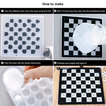 Resin Chess Set with Checkers Board Silicone Mold Set with 2 Pack Chess Piece Holder, 32 Pieces Full Size 3D Silicone Chess Molds Kit for Epoxy Resin Casting, Party Board Games and Home Decoration