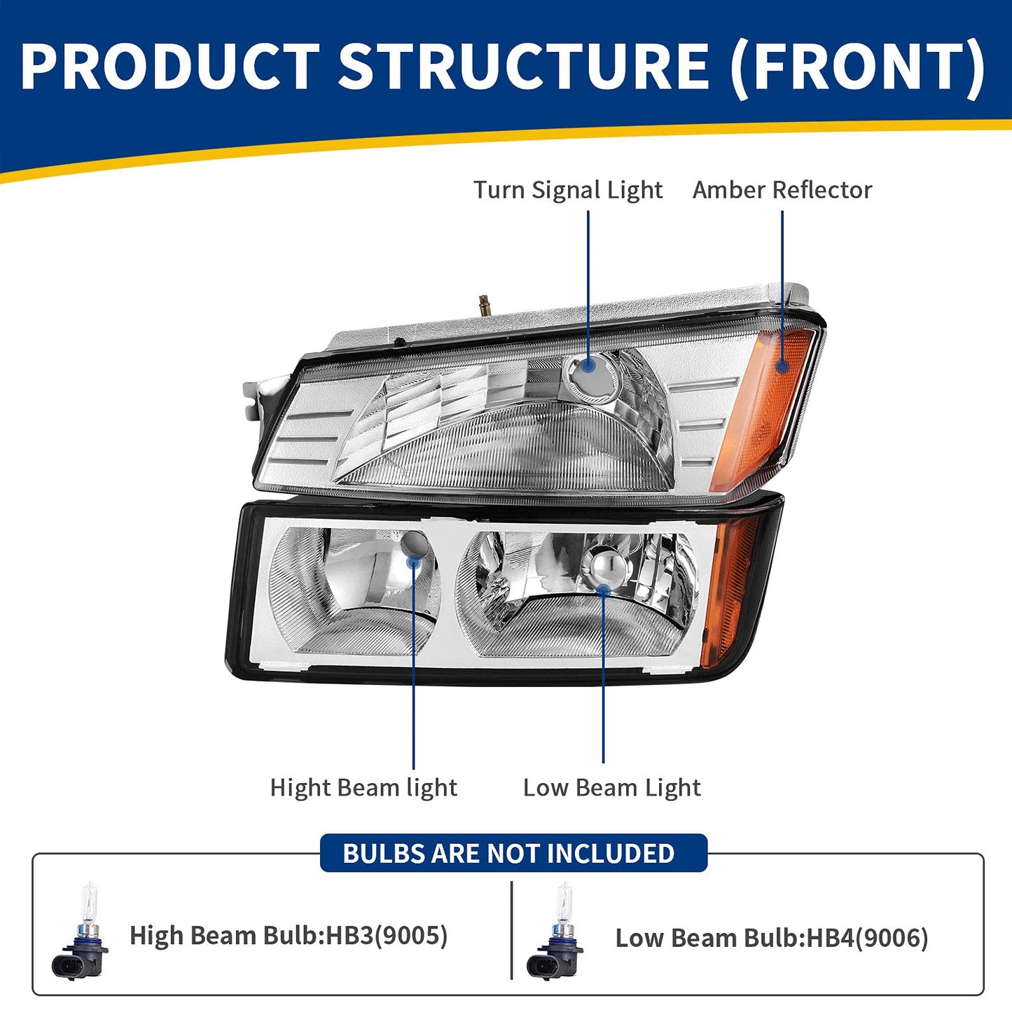 AUTOSAVER88 Pair Headlights Assembly Compatible with 2002-2006 Chevy Avalanche 1500 2500 Headlight Replacement Chrome Housing Amber Reflector Clear Lens (Body Cladding Models ONLY)