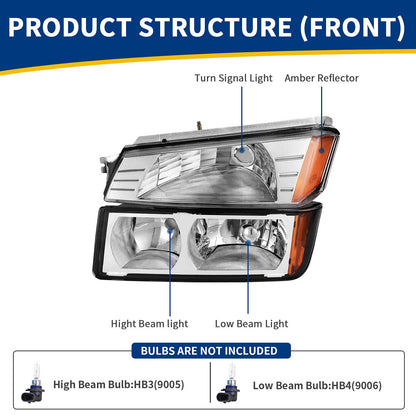 AUTOSAVER88 Pair Headlights Assembly Compatible with 2002-2006 Chevy Avalanche 1500 2500 Headlight Replacement Chrome Housing Amber Reflector Clear Lens (Body Cladding Models ONLY)