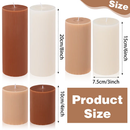 Lyrow 6 Pcs Ribbed Pillar Home Decorative Candles Aesthetic Modern Home Decor Soy Wax Unscented Pillar Candles Width 3" High 4" 6" 8" for Bathroom Living Room Wedding Dinner Party(Brown)
