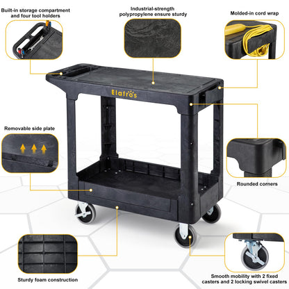 ELAFROS Heavy Duty Plastic Utility Cart Flat top 37 x 18.8 Inch - Work Cart Flat Shelves and 2 Fixed 2 Swivel Wheels Safely Holds up to 550 lbs - 2 Tier Service Cart for Warehouse,Garage, Black