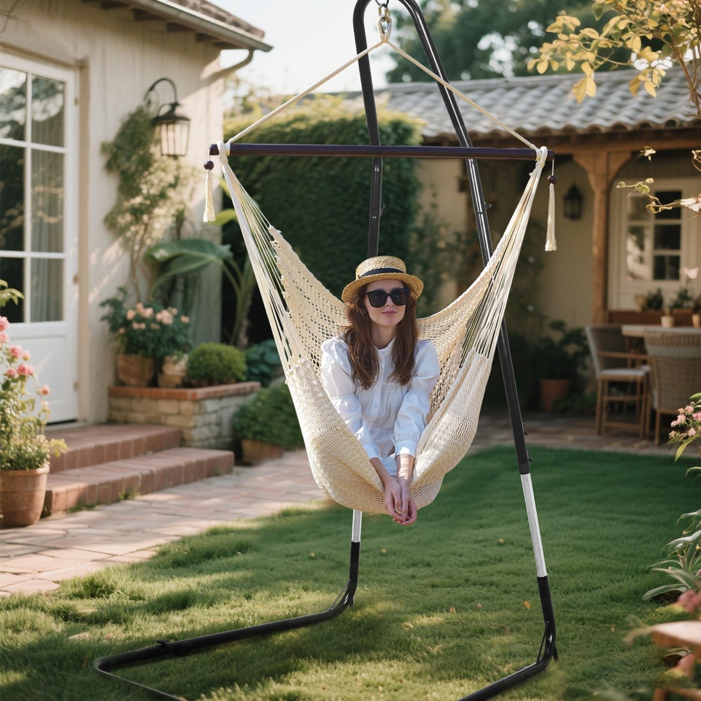 Bathonly Large Hammock Chair with Spreader Bar, Caribbean Hammock Swing Chair with Stand, XL Hammock Chair Outdoor Indoor, 330 LBS Weight Capacity