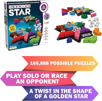 The Happy Puzzle Company The Genius Star | Toy of The Year Award Winning Family Board Game | 165888 Possible Puzzles | Filling in Colored Shapes | Blockers to Complete A Star | Golden Star Twist