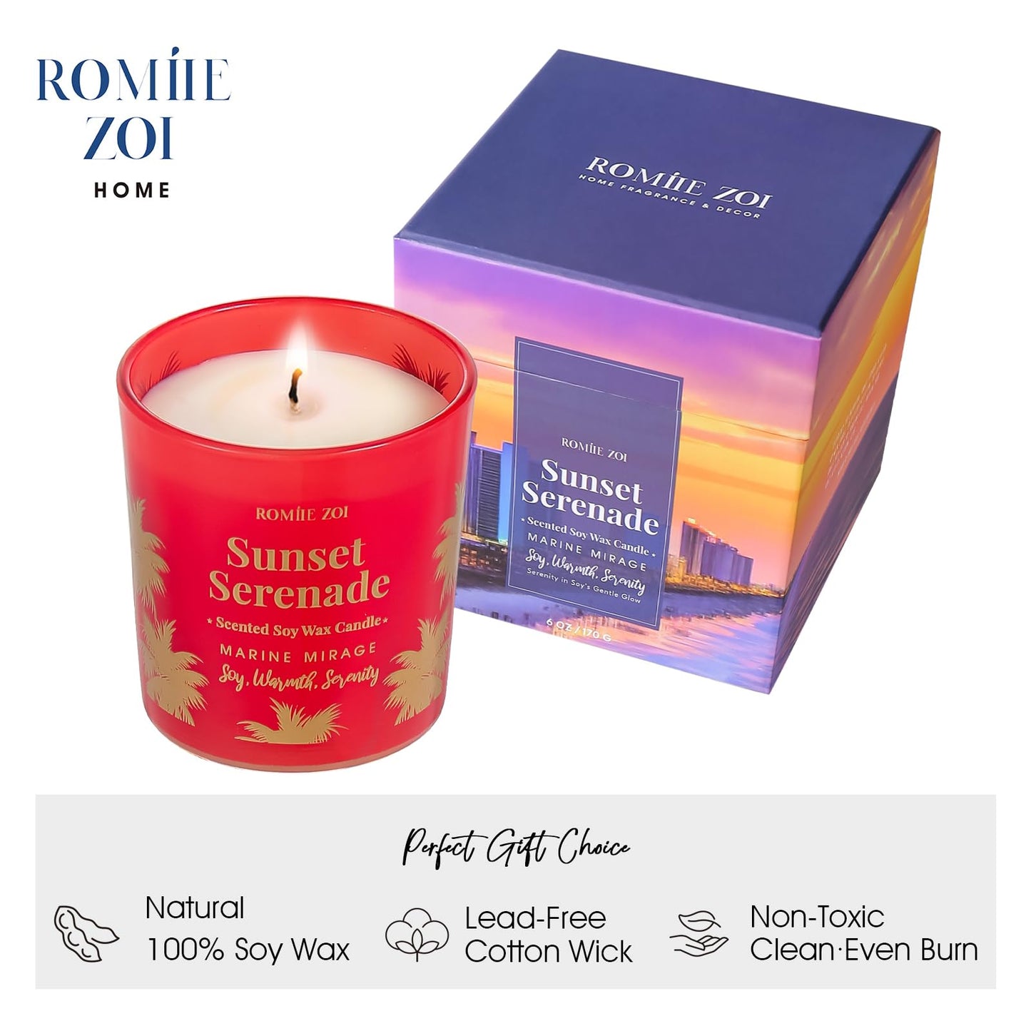 ROMIIE ZOI Marine Mirage Scented Candle - Sunset Serenade - 6oz Soy Wax Candle for Home Scented, Stress Relief Candle Gifts for Women/Men