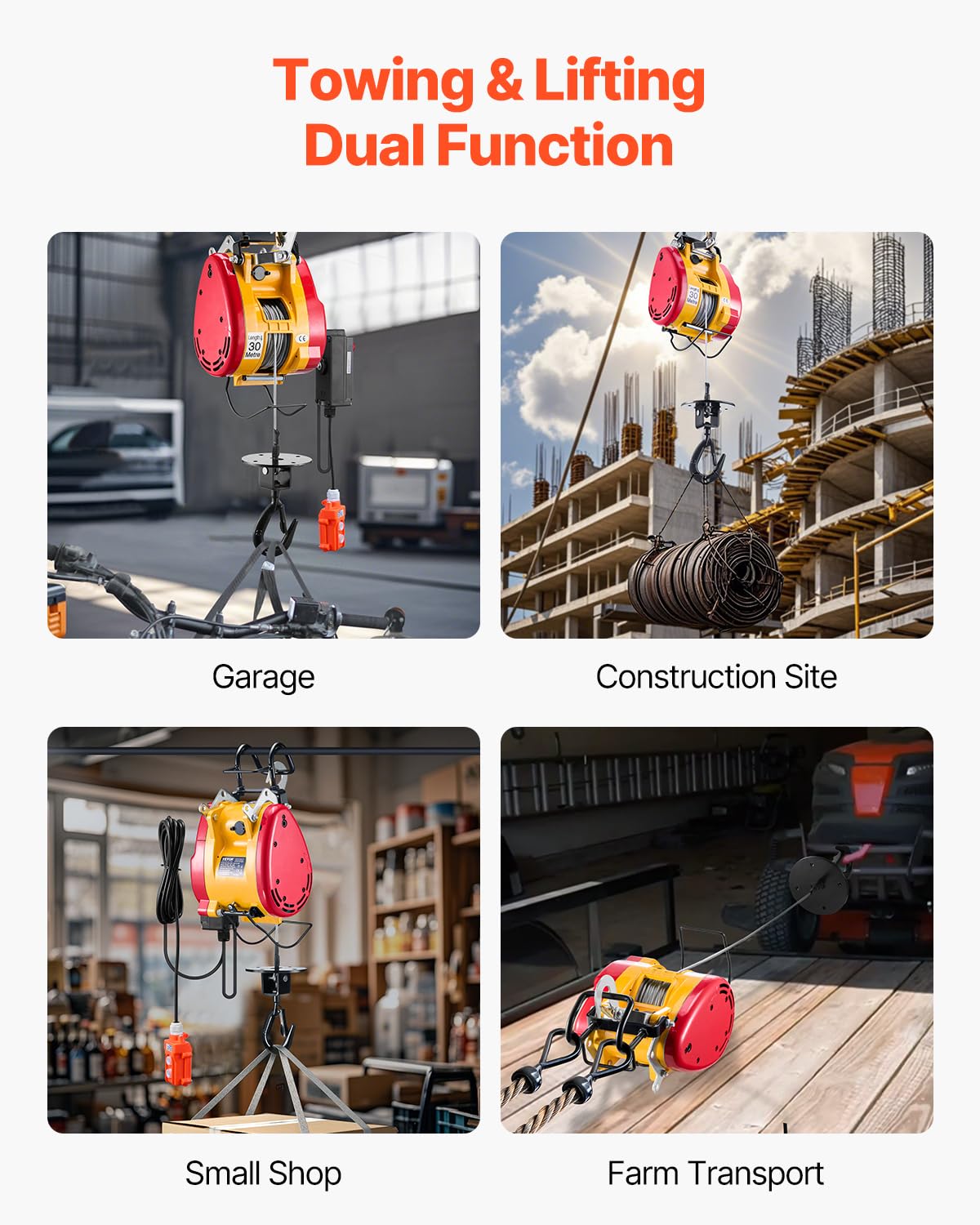 VEVOR 2-in-1 Electric Hoist Winch, 1100 lbs Capacity, 1800W Portable Power Winch, 98 ft Lifting Height, 36 ft/min with Wire and Wireless Remote Control, for Garage, Warehouse, Factory Lifting Towing