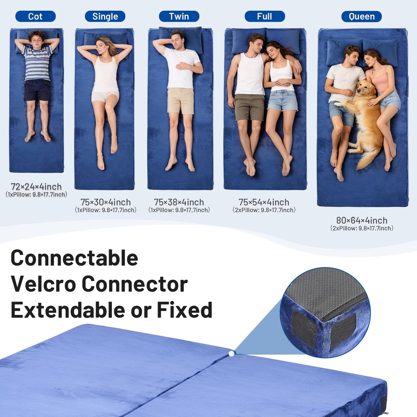 Easthome Twin Memory Foam Camping Mattress Pad with Pillow - Extra Thick 4 Inch Sleeping Pad for Camping, Waterproof Roll Up Mattress Topper for Adults Car Truck Tent Guest Bed, Travel Bag, Navy Blue