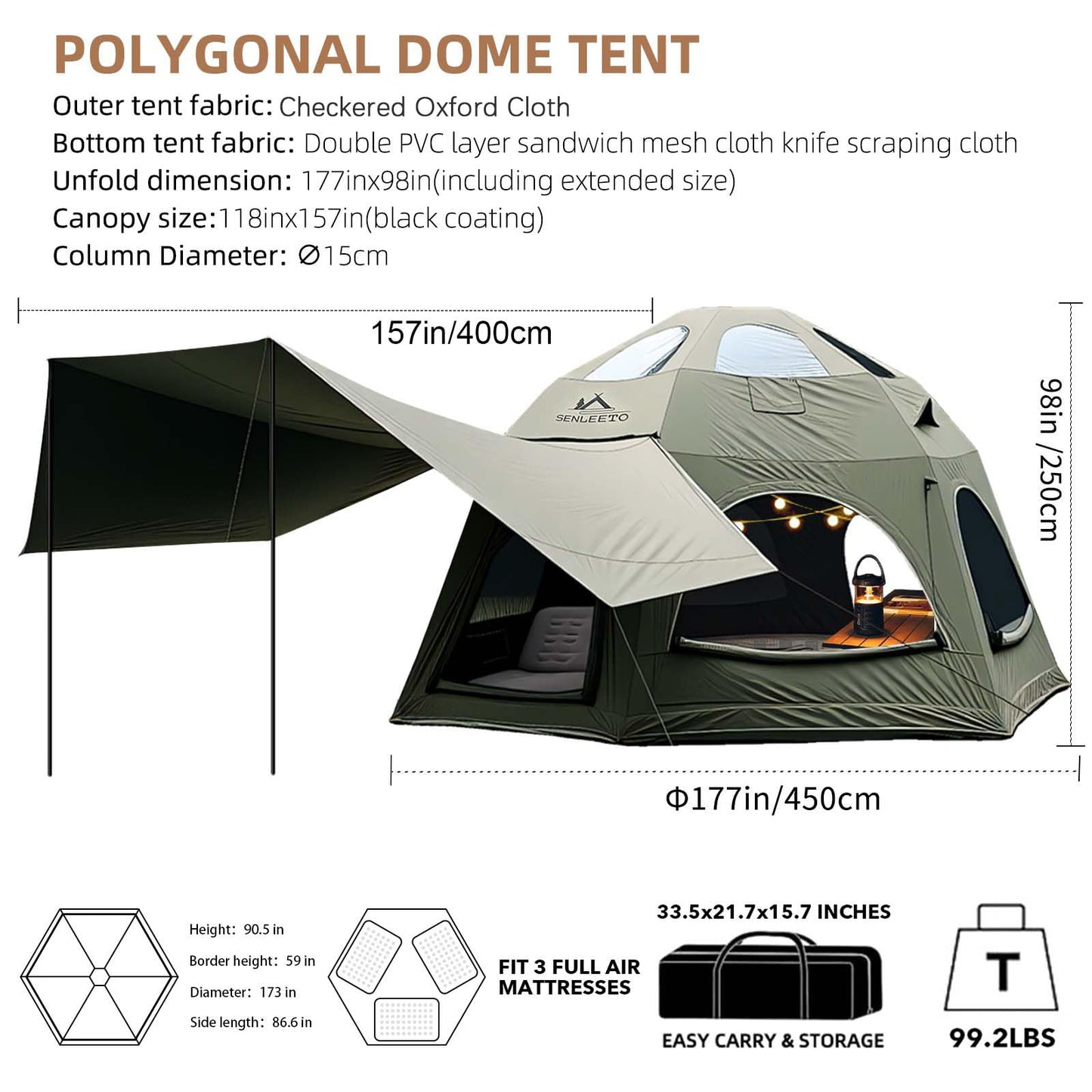 SENLEETO Inflatable Hot Tent with Stove Jack, 6-8 People Luxury 4 Season Inflatable Tents for Camping with Waterproof Large Black-Out Canopy/Rainfly, Glamping Inflatable Tent House Air Tents