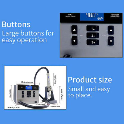 Hot Air Rework Station, ATTEN ST-862D 1000W Digital Display Automatic Sleep Hot Air Gun Soldering Station, Adjustable Temperature Desoldering Gun BGA Rework Station