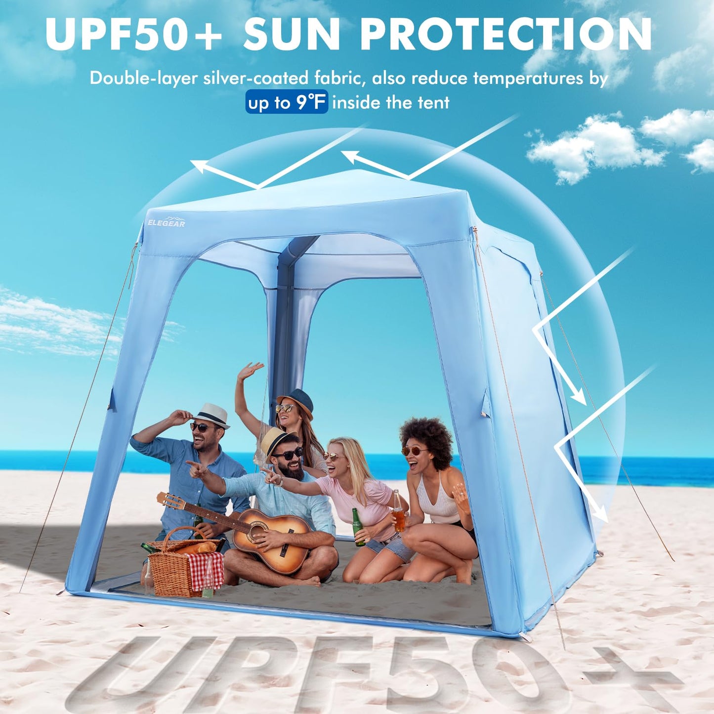 Elegear CumbreX™ Inflatable Beach Canopy Tent, 6-8 Person Beach Cabana with Side Curtain, UPF 50+ UV Protection Easy Setup Blow Up Sun Shade Shelter for Outdoors