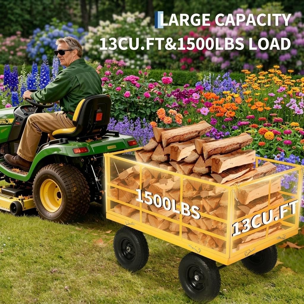Heavy Duty 4-in-1 Steel Garden Dump Cart - 1500 lbs Capacity - 13 Inch All-Terrain Wheels - Removable Mesh Sides & Swivel Handle - Yellow Frame, Black Hubs & Handlebars