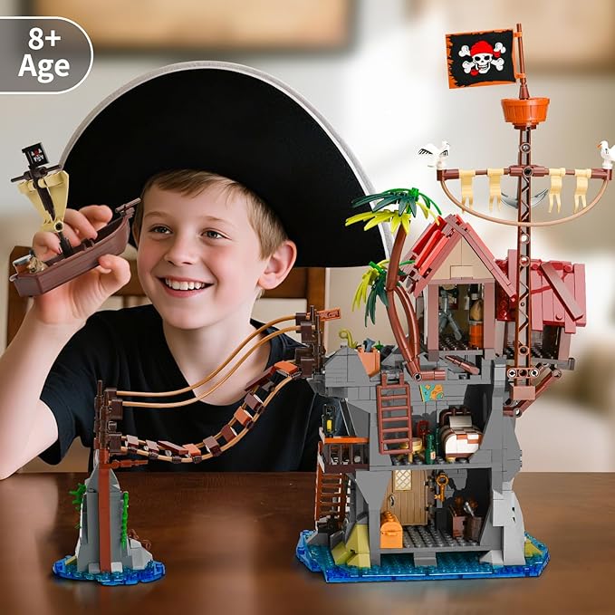 Pirate Cabin Building Sets for AdultsPirate's House with Bridge and Ship in IslandMedieval Castle Skull Building Block Toy for Home DecorIdeal Gift for Men Teens Kids Boys 8+(1044PCS)