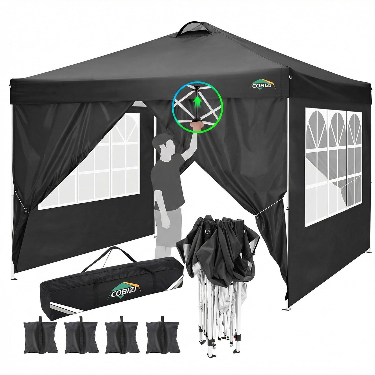 COBIZI 10x10 Pop Up Canopy Tent, One Push Outdoor Gazebo with 4 Removable Sidewalls & Air Vent, Waterproof Commercial Easy Up Adjustable Canopy with 4 Sandbags, 4 Stakes & 8 Ropes for Party,Black