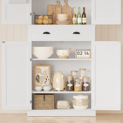 IRONCK Kitchen Pantry Storage Cabinet 83.9" H, with Barn Doors, Drawer, 4 Adjustable Shelves, Freestanding Cupboard for Dining Room Living Room, Laundry, White
