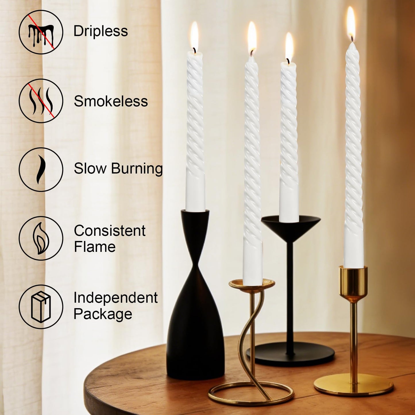 Tobeape White Spiral Taper Candles 10 Inch - 4 Pack Twisted Tapered Candle Sticks - Dripless Unscented Smokeless - Long Burning Decorative White Candlesticks for Dinner Wedding Party Table Home Decor