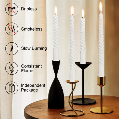 Tobeape White Spiral Taper Candles 10 Inch - 4 Pack Twisted Tapered Candle Sticks - Dripless Unscented Smokeless - Long Burning Decorative White Candlesticks for Dinner Wedding Party Table Home Decor