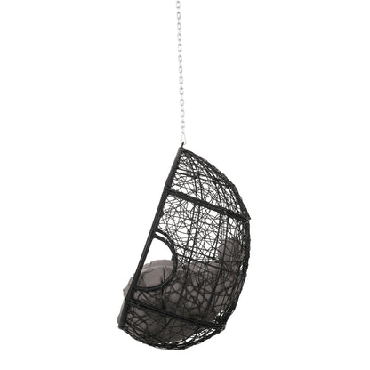 Merax Modern PE Wicker Egg Hanging Chair with Cushion, Outdoor Swing Rattan Chair for Balcony Bedroom, Backyard Gray+Black