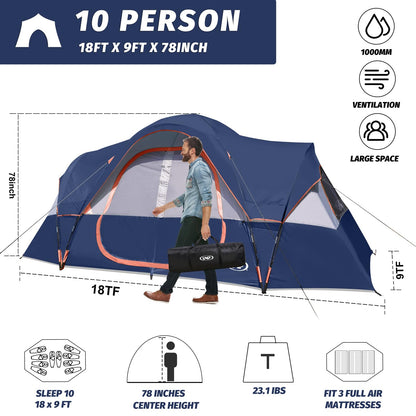 UNP Camping Tent 10-Person-Family Tents, Parties, Music Festival Tent, Big, Easy Up, 5 Large Mesh Windows, Double Layer, 2 Room, Waterproof, Weather Resistant, 18ft x 9ft x78in (Navy Blue)