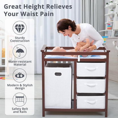 GarveeHome Modern Baby Changing Table with Laundry Hamper & 3 Drawers - Solid Wood Nursery Dresser Supports 40 Lbs, with Safety Strap & Waterproof Pad, Storage Organizer for Diapers, Clothes & Toys