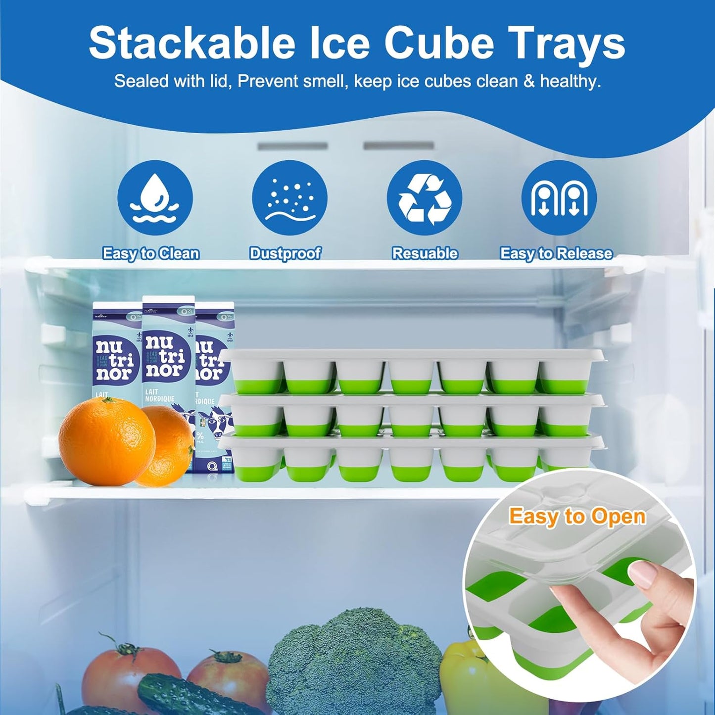 Silicone Ice Cube Tray - Easy-Release Stackable Design | 3 Pack with Lids - BPA-Free & Odor-Free