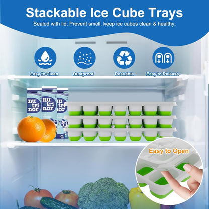 Silicone Ice Cube Tray - Easy-Release Stackable Design | 3 Pack with Lids - BPA-Free & Odor-Free