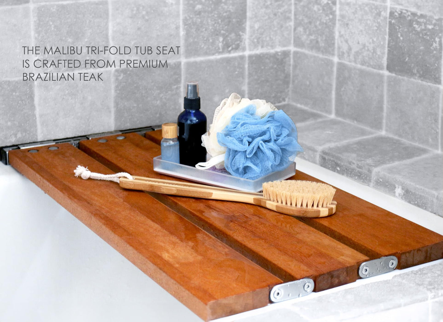29 inch Malibu Removable Tri-Fold Bathtub Bench Seat, Teak Wood