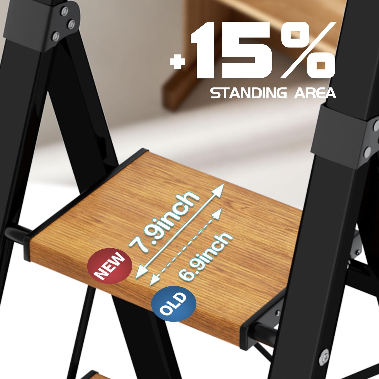 BEFITMACE 4 Step Ladder,Lightweight Folding Step Stool with Aluminum Wide Pedal& Convenient Handgrip,330lbs Capacity Steel Ladder for Household and Office(Black &Woodgrain)