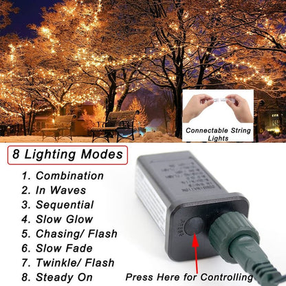 Warm White String Lights Outdoor Christmas Decoration, 66 ft 200 LED Christmas Lights Plug in, Indoor Connectable 8 Modes Clear Wire Twinkle Fairy String Lights for Xmas Tree Bedroom Holiday Party