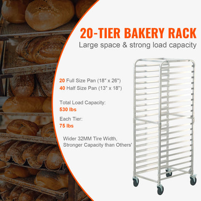 VEVOR Bun Pan Rack, 20-Tier Commercial Bakery Racks with Brake Wheels, Aluminum Racking Trolley Storage for Half & Full Sheet, Speed Rack For Kitchen Home, Bread Baking Equipment, 26"L x 20.4"W x 70"H