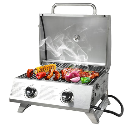 BBQCuker Small Tabletop Gas Grill 2-Burner, Portable Propane Gas Grill with Foldable Legs for Outdoor Camping Cooking Two 10,000 BTU Burners Stainless Steel,Built-in Thermometer