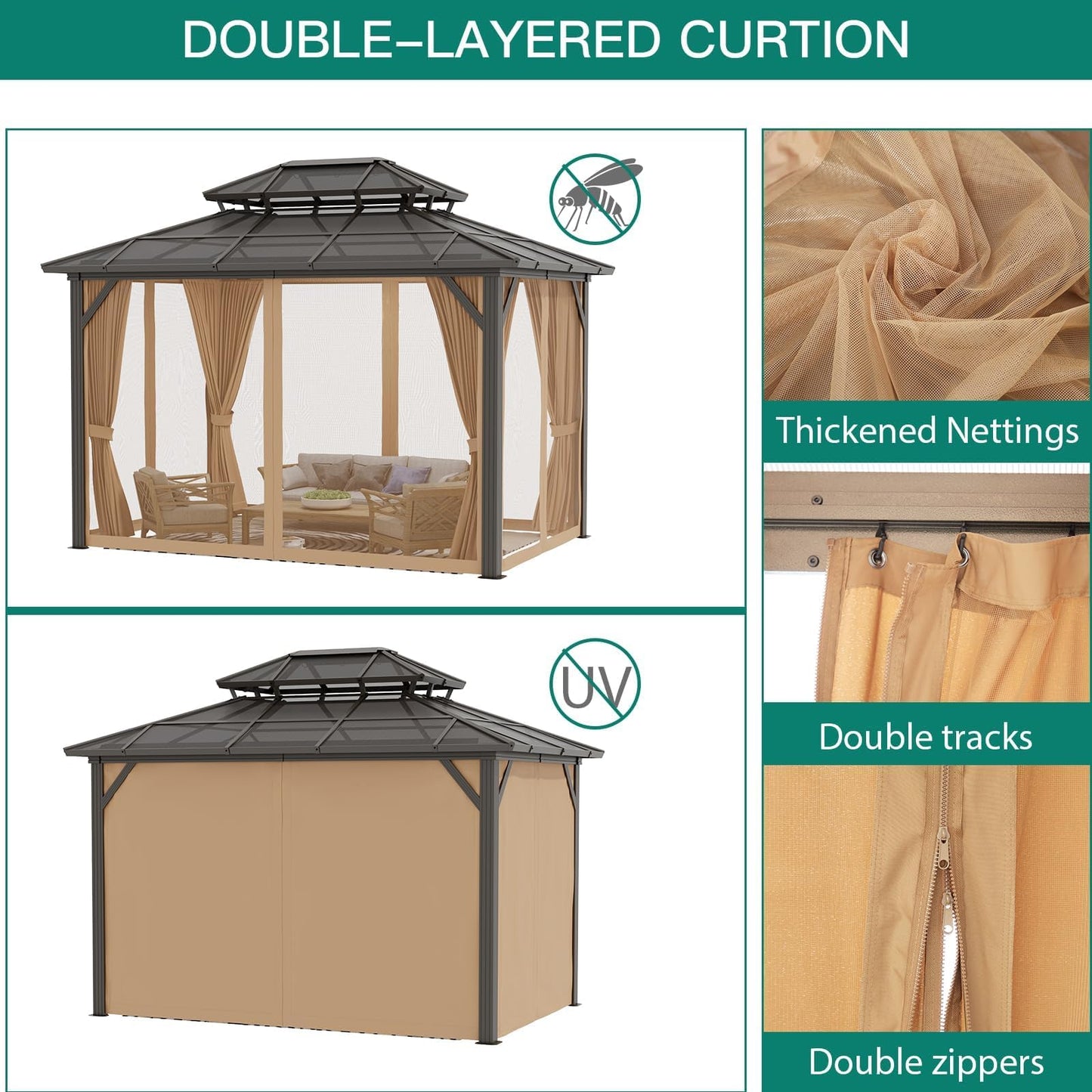 10x13 Hardtop Gazebo, Double Galvanized Steel Roof Outdoor Gazebo with Aluminum Frame, Curtains and Netting Included for Patio, Backyard, Garden Parties