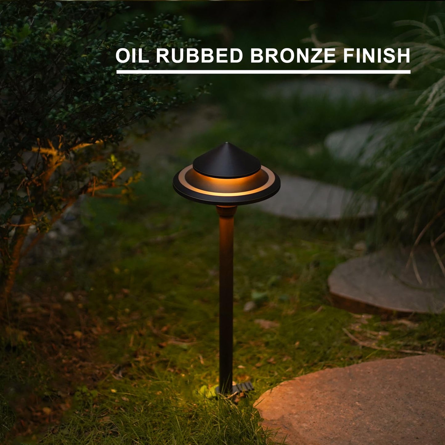 GOODSMANN Low Voltage Landscape Lighting 4PK LED Path Lights Oil Rubbed Bronze 4W 32 Lumen Hardwired 2 Tier Pagoda Landscape Pathway Lights 3000K Warm White Metal Stakes Cable Connectors