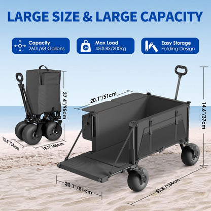 Beach Wagon with Big Wheels for Sand - 450lbs Load Heavy Duty Wagons Carts Foldable with 9" All Terrain Inflatable Tires, Collapsible Beach Cart for Grocery Shopping Garden Sports Camping Outdoor