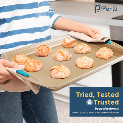 Perlli Baking Kit - Nonstick Gold Steel Oven Set with Silicone Handles | 6-Piece Bakeware Collection