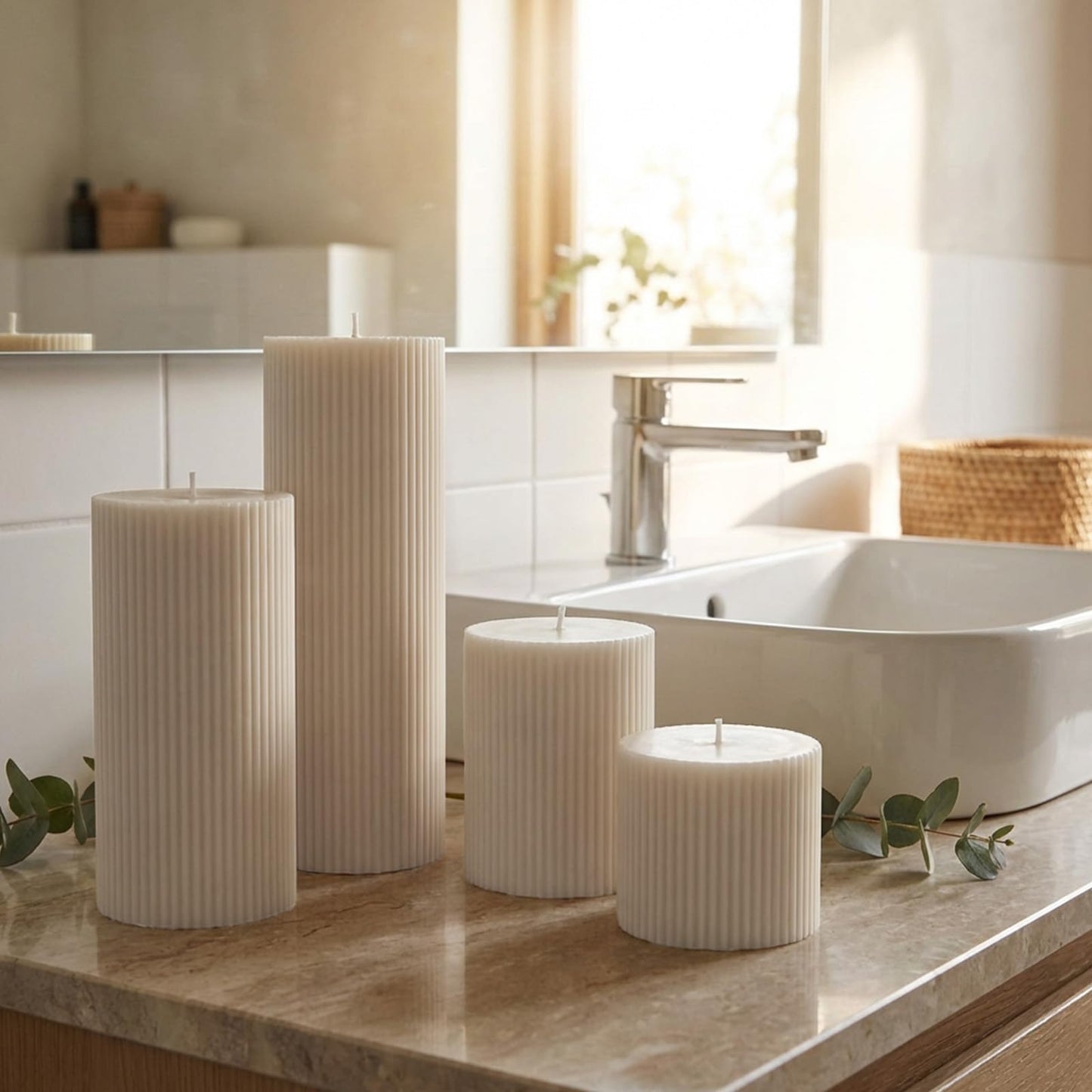 PEDOBALI Ribbed Pillar Candles Set of 4, Pillar Orchids Scented Candles Width 3" High 3" 4" 6" 8" Large Aesthetic Ribbed Soy Wax for Living Room Bathroom Modern Home Decor(Cream)