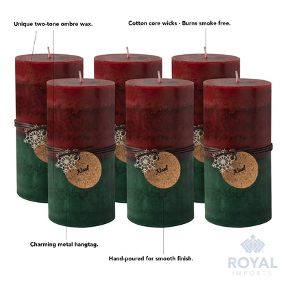 Royal Imports 3" x 6" Pillar Candles for Christmas Holiday Décor, Wedding & Home Decoration, Unscented, Dripless & Smokeless, Set of 6, Red Green Ombre Wax
