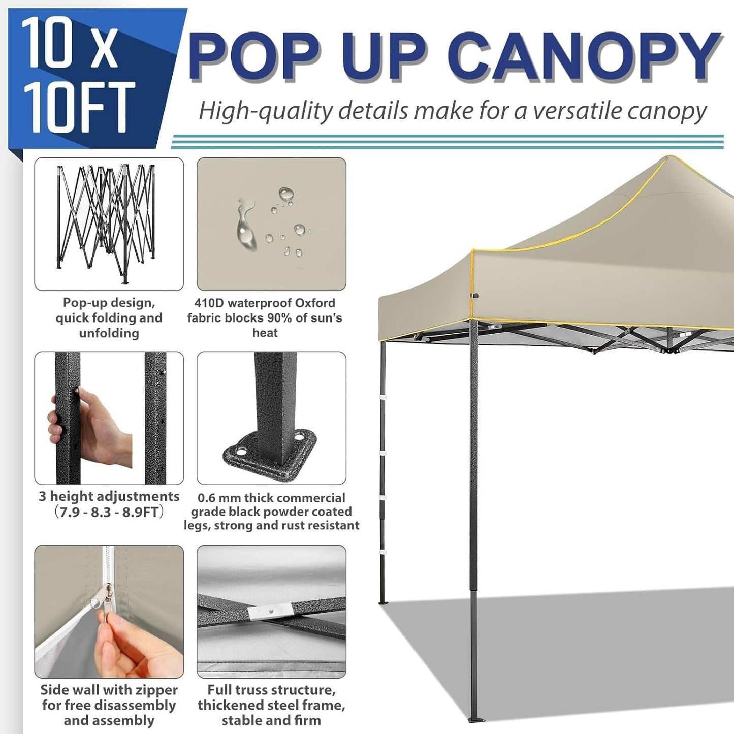 COBIZI 10x10 Heavy Duty Pop up Canopy with 4 Removable Sidewalls, Canopy Tent with Portable Bag, Pop up Tent Commercial Gazebo Waterproof Sunshade for All Weather Party Camp Stall Patio,Khaki