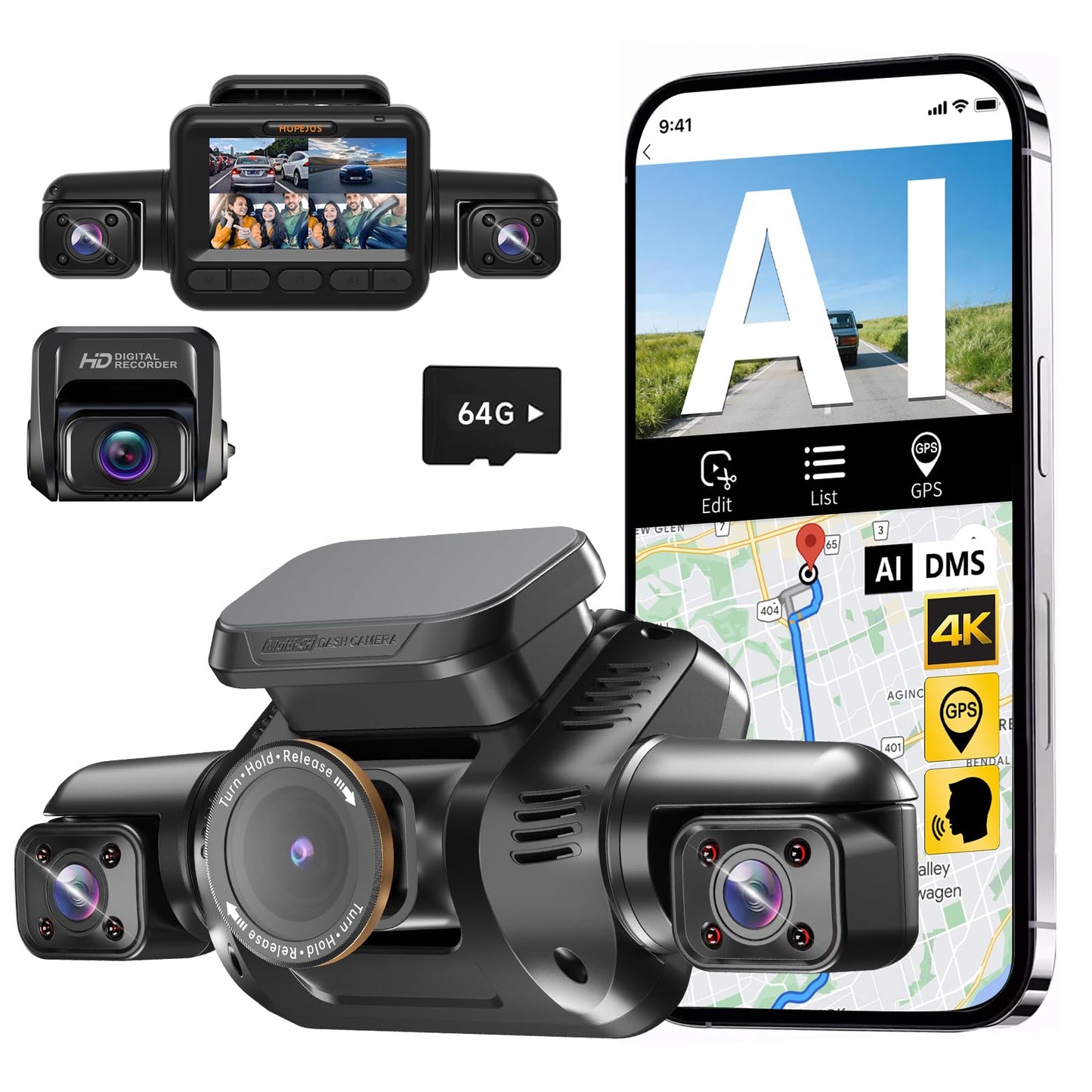 HUPEJOS AI Dash Cam Front Rear Inside with Driver Monitor System, 360° Car Camera 4K, 4 Channel Camera for Cars, WiFi GPS, Dashcam 64GB SD Card, Night Vision, 24H Parking Mode, Upgrade DMS V8Plus