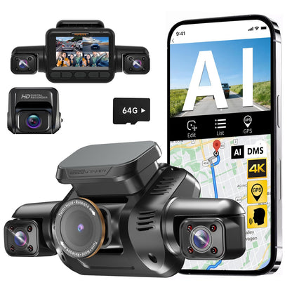 HUPEJOS AI Dash Cam Front Rear Inside with Driver Monitor System, 360° Car Camera 4K, 4 Channel Camera for Cars, WiFi GPS, Dashcam 64GB SD Card, Night Vision, 24H Parking Mode, Upgrade DMS V8Plus