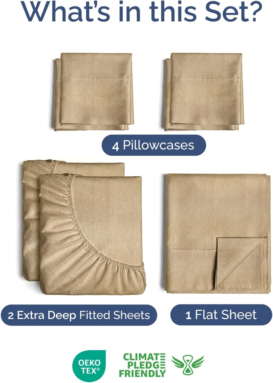 Skiennix Extra Deep Split King Sheet Set - 7 Piece Breathable Cooling Bedding - Luxury Soft Wrinkle-Free Heathered Tan