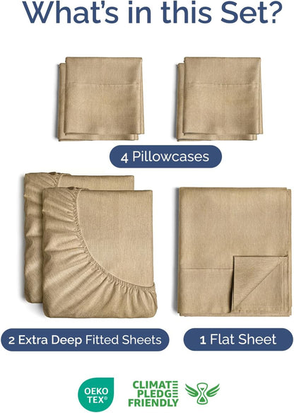 Skiennix Extra Deep Split King Sheet Set - 7 Piece Breathable Cooling Bedding - Luxury Soft Wrinkle-Free Heathered Tan