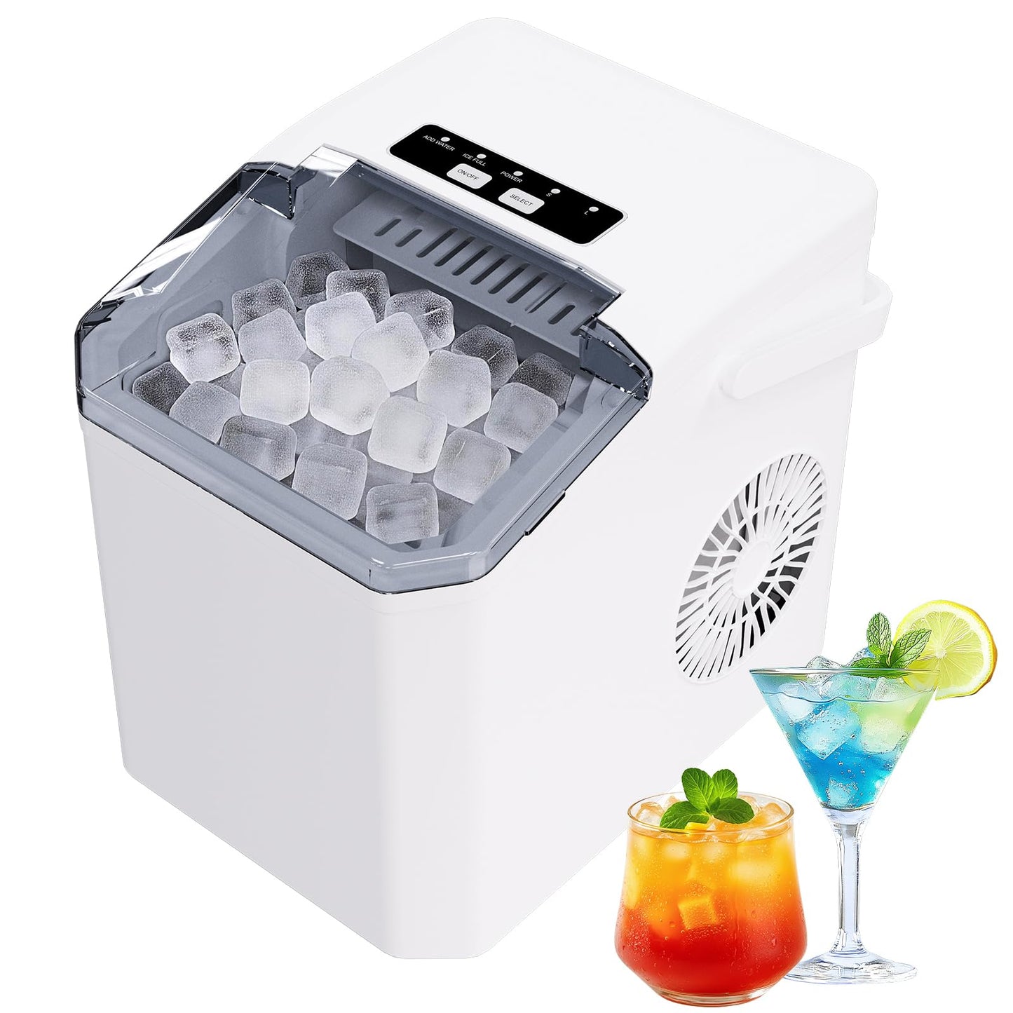 Countertop Ice Maker Machine with Portable Handle, Basket and Scoop, 26lbs Daily, 9 Ice Cubes Ready in 6 Mins, Auto-Cleaning for Home, Kitchen, Office, Outdoors, RV Camping.