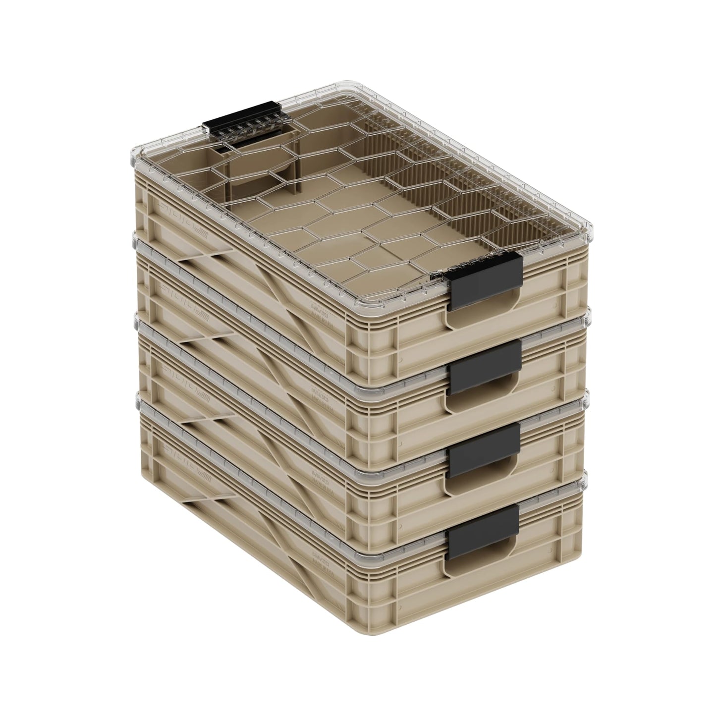 SIDIO Quarter Crate 4 Pack of Stackable Storage Bins - Organizer Bins with Dividers for Garage Organization, Home Storage - Heavy Duty Plastic Containers - 19.16” x 12.75”x 4.57” (Tan)